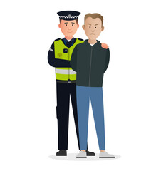 Simple flat British male police man officer vector character making arrest. Criminal being put into handcuffs.