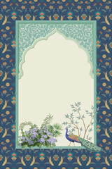 Turkish decorative pattern frame with garden and peacock for invitation