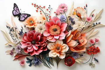 Colorful flower bouquet with butterfly on white background. top view - obrazy, fototapety, plakaty