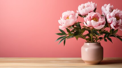 Spring background with a bouquet of peonies in vase  with copy space for text. Holiday greeting card for the 8th of March, Mother's Day, Women's Day, and Saint Valentine's Day. Generative AI.	