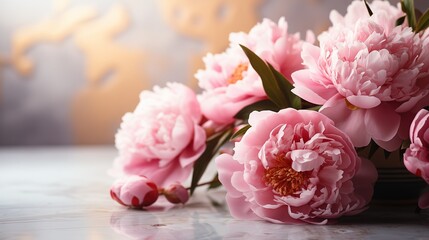 Spring background with a bouquet of pink peonies with copy space for text. Holiday greeting card for the 8th of March, Mother's Day, Women's Day, and Saint Valentine's Day. Generative AI.	