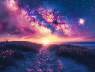 Starry Sky Over Beach Sunset Landscape
