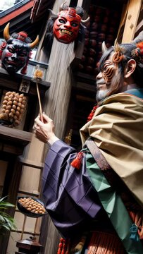 Japanese Setsubun concept animation, Setsubun Oni, Japanese Demon mask, soy beans, sushi rolls, culture, festive, Japanese tradition and culture