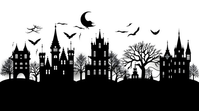Halloween Houses and trees on white background of black silhouettes style,,
Spooky silhouette of haunted halloween town a monochrome masterpiece with bats and ghostly
