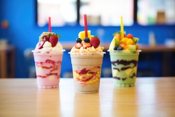 frozen yogurt and fruit shakes in takeaway cups