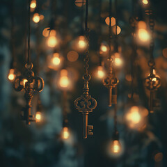 An arrangement of levitating antique keys with soft, glowing lights, symbolizing the illumination of the path to love.