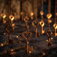 An arrangement of levitating antique keys with soft, glowing lights, symbolizing the illumination of the path to love.