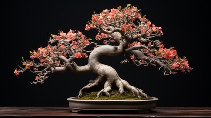 A perspective shot showcasing the Quince Bonsai from above, offering a unique view of its branching structure and the meticulous pruning that defines its aesthetic appeal.
