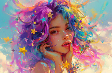 a girl with colorful hair is holding a bouquet of stars