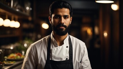 chef or waiter young black haired arabian or turkish male with beard on uniform in dark background