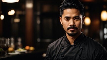 Fototapeta premium chef or waiter young black haired asian male with beard on uniform in dark background