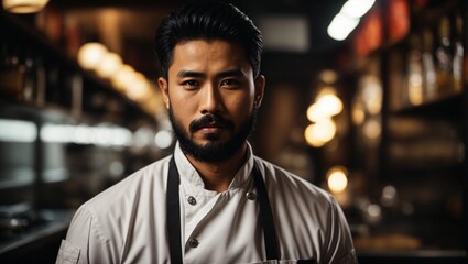 chef or waiter young black haired asian male with beard on uniform in dark background