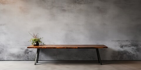 Gray table in an old loft with a stained wall and dark concrete floor for home interior or exterior.