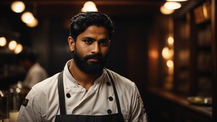 Fototapeta premium chef or waiter young black haired indian male with beard on uniform in dark background