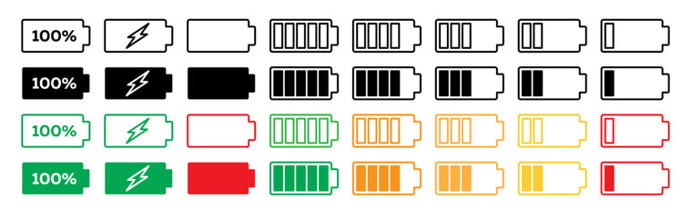 Phone full and empty battery vector icon set. smartphone battery level status indicator symbol collection.