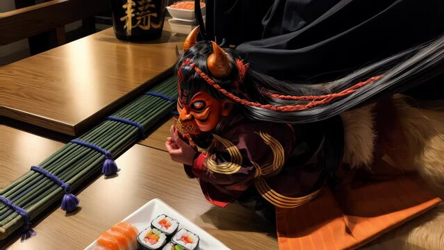 Japanese Setsubun concept animation, Setsubun Oni, Japanese Demon mask, soy beans, sushi rolls, culture, festive, Japanese tradition and culture