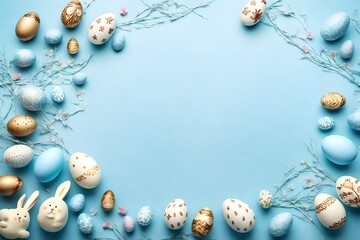 Pale sky blue backdrop with intricate Easter decorations and a variety of eggs, creating an enchanting space for your celebratory text. cute, little, micro, tiny