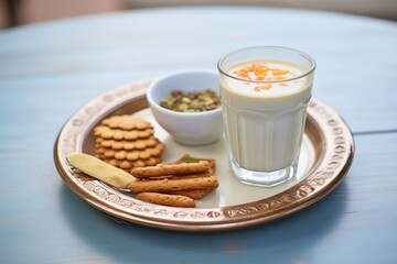 chai served with traditional indian snacks on a plate