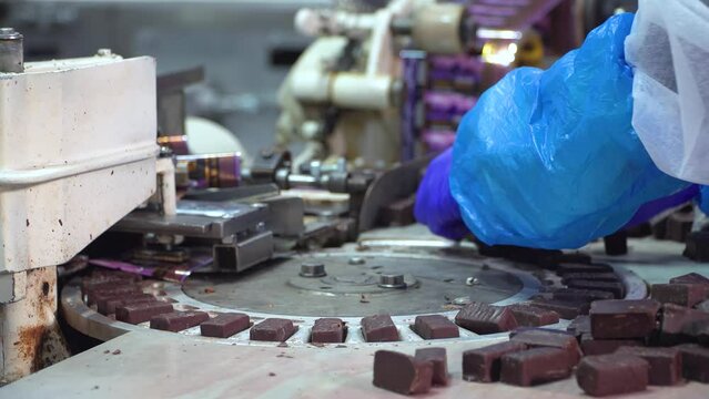 Chocolate candy packaging conveyor. Confectionery factory. Chocolate factory. Candy production.