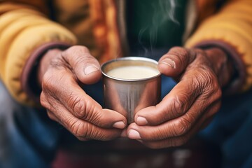 Fototapeta na wymiar closeup of hands holding a cup of chai with steam rising