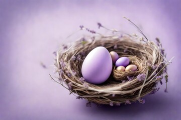 Aerial perspective of a tiny, charming Easter egg resting in a nest on the side, against a subtle lavender background with a nest in soft purple hues.