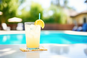 refreshing lemonade with ice served poolside on a hot day