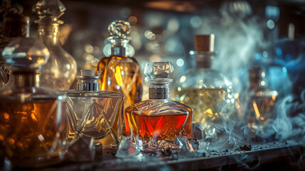 Obraz na płótnie Canvas An arrangement of antique perfume bottles emitting ethereal fragrances, swirling together 