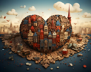 Cityscape with heart made of wooden blocks. 3D illustration.