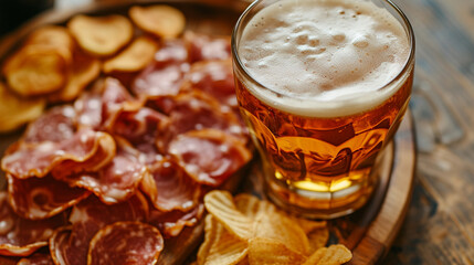A glass of beer, dried meat and chips - obrazy, fototapety, plakaty
