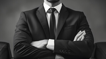Front photo of businessman with folded hands and wearing a suit. Black and white photo.