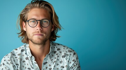 Handsome blond man with glasses and long hair wearing a casual shirt against a solid blue background looking at the camera