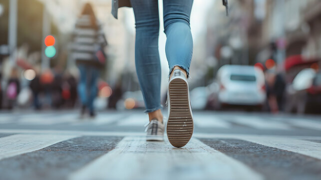 Close-up photo of woman's legs from behind. The person crosses the road at pedestrian crossing