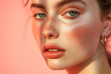 a macro close-up studio fashion portrait of a face of a young redhead caucasian woman with perfect skin, hair and immaculate make-up on pink background. Skin beauty and hormonal female health concept.