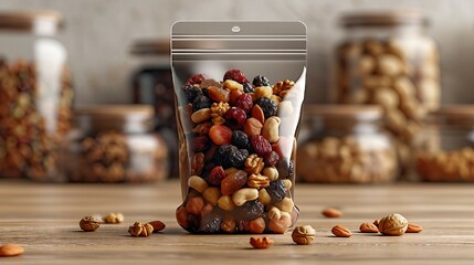 Pouch with fruit amp nut mix on light background. AI generate illustration © PandaStockArt