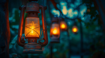 An arrangement of antique lanterns casting warm and inviting light, a twilight background