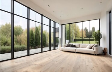 Modern living room with forest view