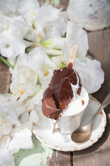 melted chocolate ice cream in cup of coffee,spring still life with bouquet of white irises,antique porcelain saucer