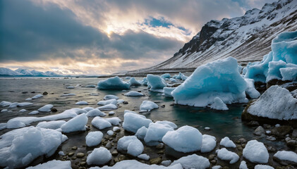 Iceland natural scenery with Icebergs in glacial lagoon. Global warming and melting glaciers concept - obrazy, fototapety, plakaty