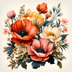 Bouquet of poppies and anemones in vintage style.