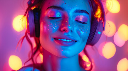 Fototapeta premium Joyful Woman with Headphones in Vibrant Close-Up