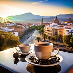Spanish Sunrise: Morning Coffee with Iconic Landmark in the Background - obrazy, fototapety, plakaty