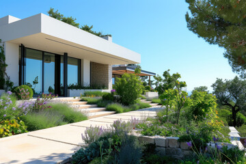 Fototapeta na wymiar a modern house in beautiful mediterranian garden