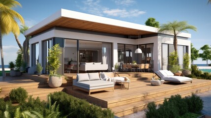 modern villa with open plan living and private bedroom wing with small terrace for relaxation