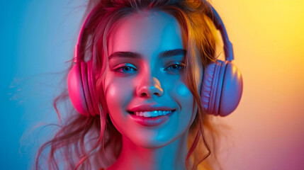 Radiant Woman Smiling in Close-Up with Headphones