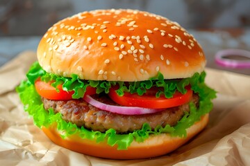 Delicious, juicy burger with cutlet, tomatoes, onions and herbs on parchment.