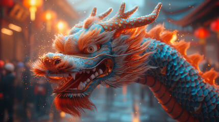 Majestic Chinese Dragon in New Year Street Procession: A Riot of Colors. Generative AI.