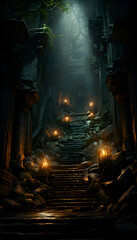 Mystical gothic temple with stairs and candles in the dark
