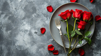 Plate cutlery and red roses