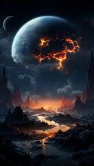 Fantasy landscape with planet and moon. 3d render illustration.