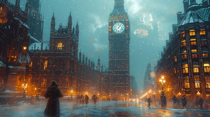 Winter Night in London: A Snowy Scene with Big Ben and People Generative AI